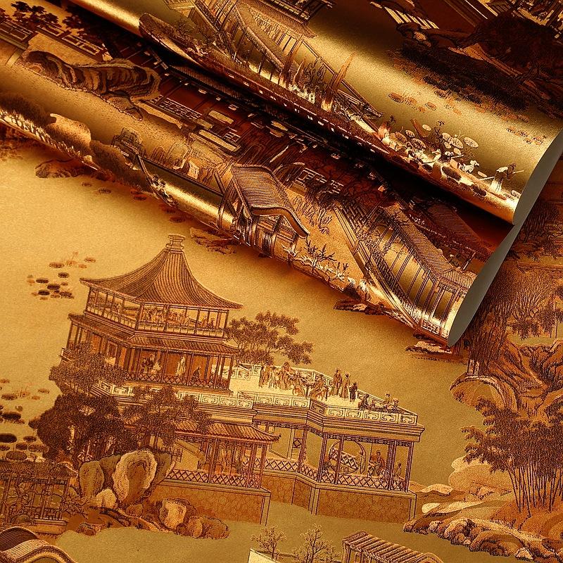

Wallpaper gold yellow restaurant Chinese shop wall paper Hotel teahouse KTV store decoration wallpaper Papel de parede 9.5mx53cm