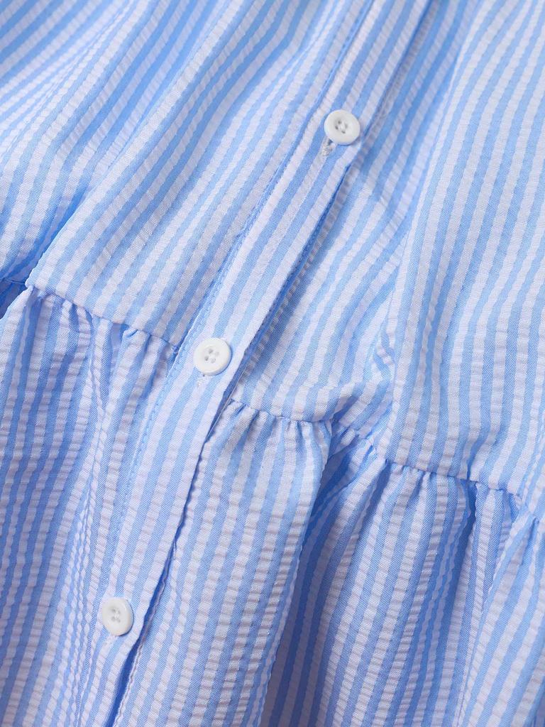 Girls Blue Striped Seersucker Dress, Short Sleeve Plaid Princess A-Line Sundress with Lace Bow for Kids 4-12 Years