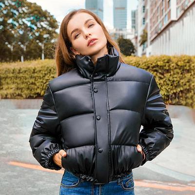 Women's 2024 Autumn/Winter European Style Short Padded Leather Jacket with Stand Collar.