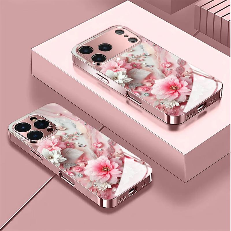 Pink Diamond Marble Flowers Tempered Glass Phone Case for iPhone 17 Pro Max 14 15 16 Plus 11 12 13 Pro Max 16E 17Air Hard Cover