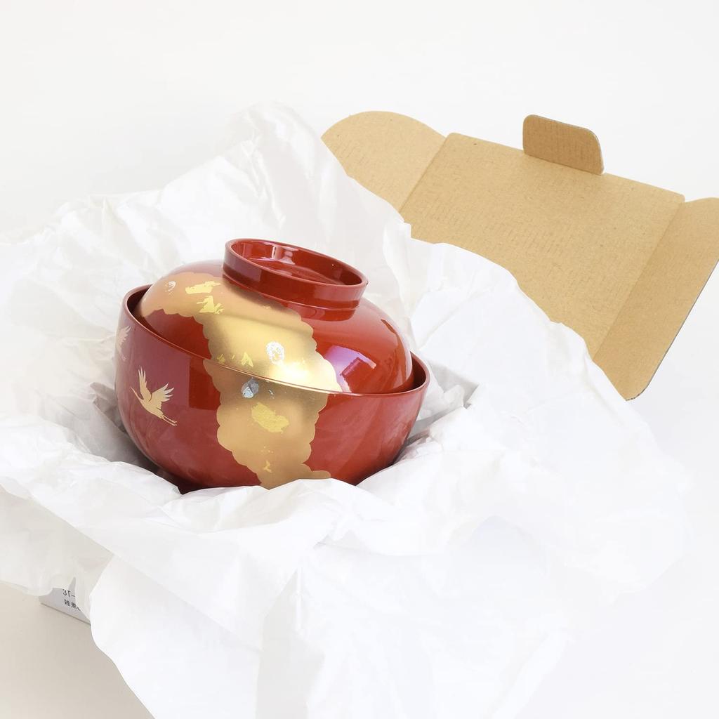 Maejuu Lacquerware Zoni Bowl Ozoni Bowl with Lid Shiny Vermilion Red Crane Gold Mica Red Large 450ml Traditional Craft Yamanaka Lacquerware Made in