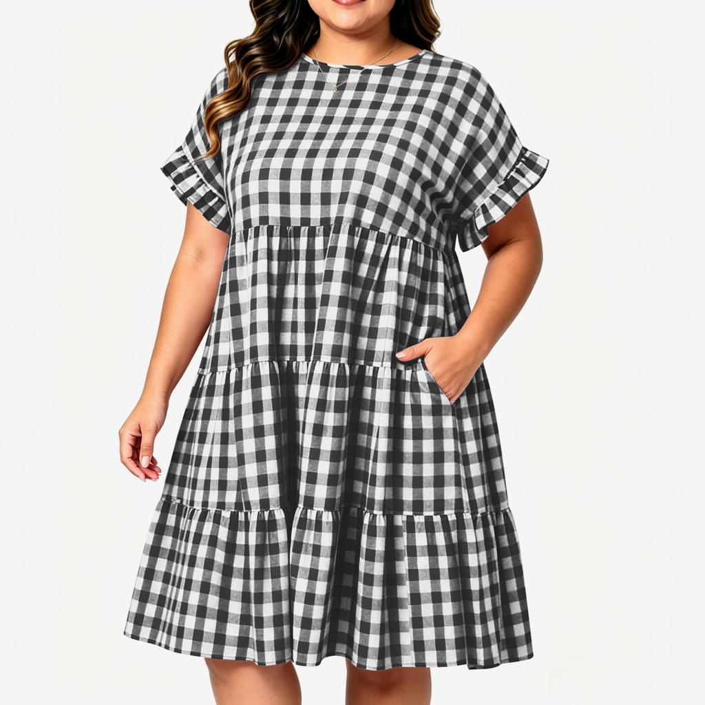 Robe à Carreaux Manches Courtes Col Rond Grande Taille pour le Travail Décontracté et les Trajets