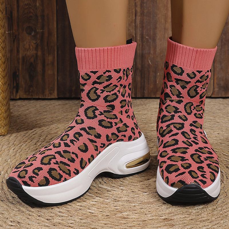 Fashion Fashion Leopard Print Platform Ankle Boots Women Comfy Slip On Breathable Knitted Boots Woman Plus Size 35-43 Wedges Short Boots