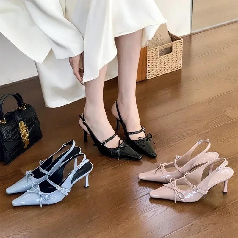 Fashion Sweet Bow Decorative High Heels Women Summer Sexy Pointed Toe Back Buckle High-heeled Sandals Elegant Shallow Banquet Dress Shoe