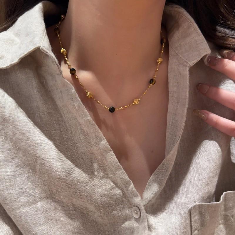 18k vergoldete Tigerauge Perlenanhänger Halskette - Retro Schlüsselbeinkette für Herbst/Winter.