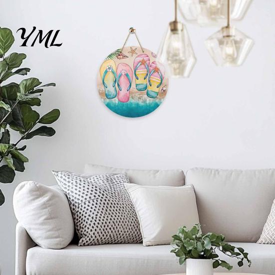 Summer Beach Decor Round Wooden Door Hanger, Watercolor Welcome Sign, Hello Sunshine Indoor Outdoor Wall Hanger Please Plaque for Porch Decorative