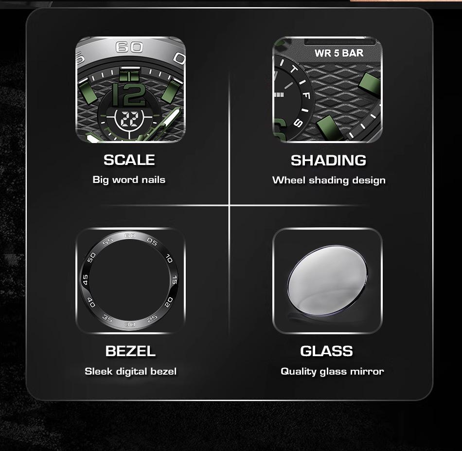 Men's Dual Display Waterproof Silicone Sport Watch with Calendar & Luminous Features