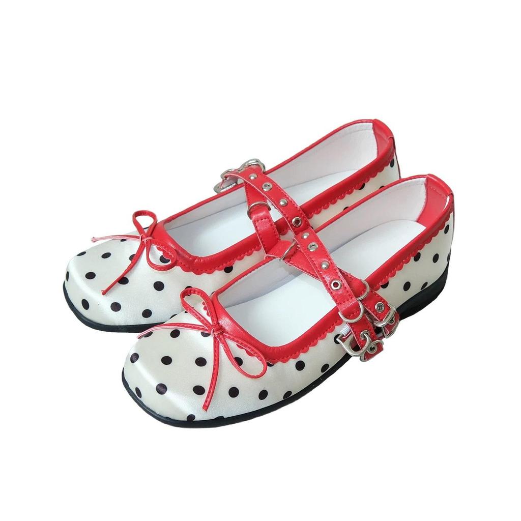 Pantofi balerini Mary Jane roșii cu buline, din satin, pentru femei, cu talpă moale