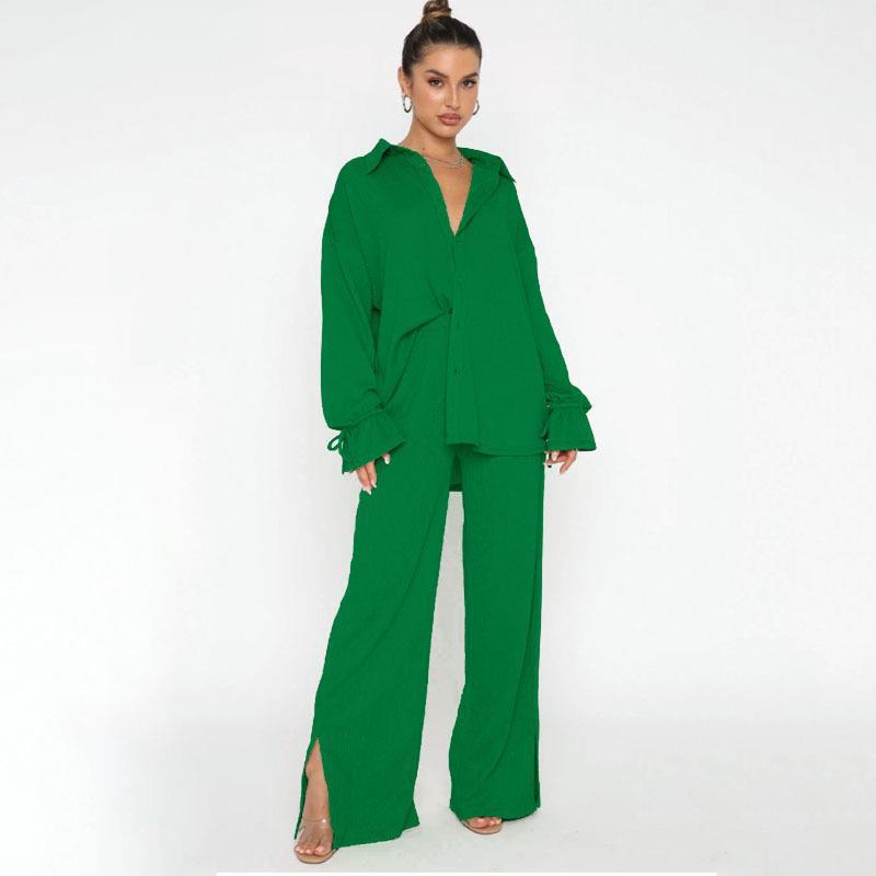 New Women's Fashion Solid Color Lapel Tie-Up Top & Trousers Suit for Spring, Autumn, Winter.