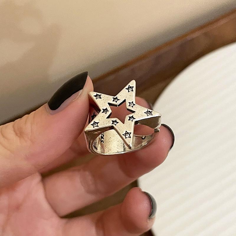 Vintage Herz Pentagramm Offener Ring für Damen Süß Kühl Alt Gemacht Hohl Liebesstern Persönlichkeit Fingerzubehör Mode Schmuck