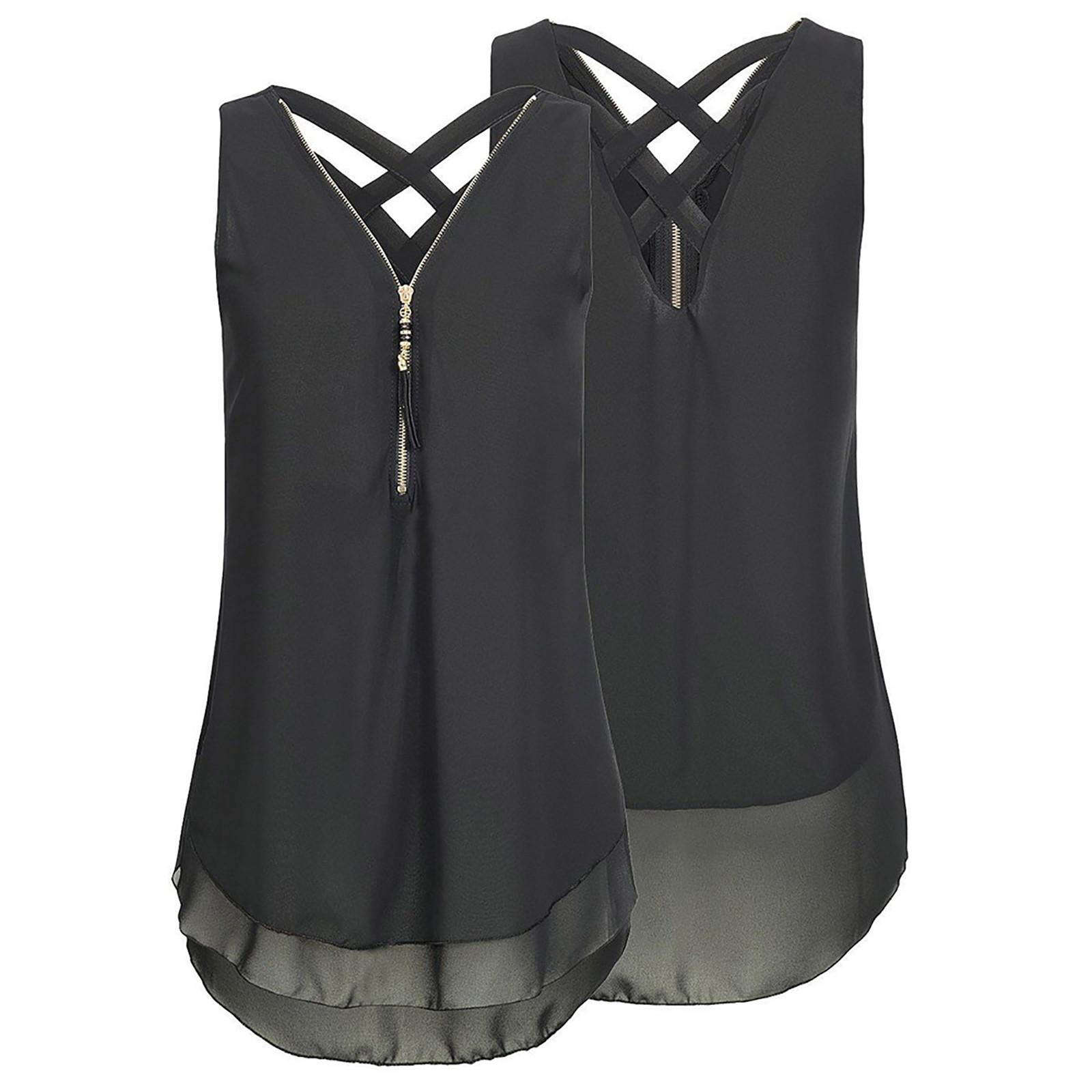 

Women Loose Sleeveless Tank Top Cross Back Hem Layed Zipper V-Neck T Shirts Tops XXXL