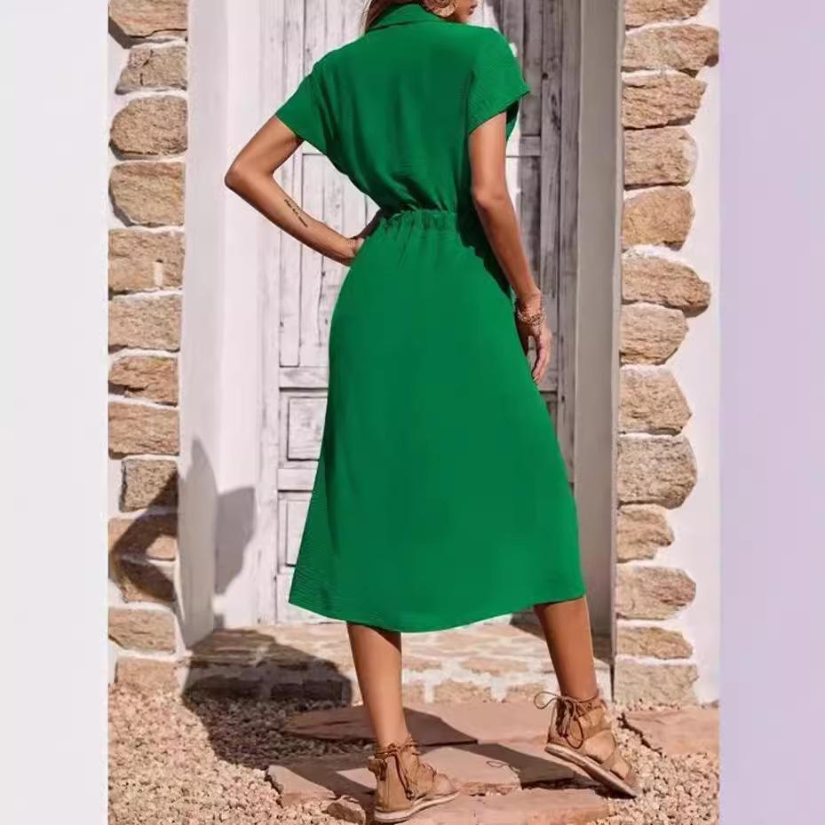 2024 Women's Fashionable Shirt Collar Waist-Cinching Dress with Waistband