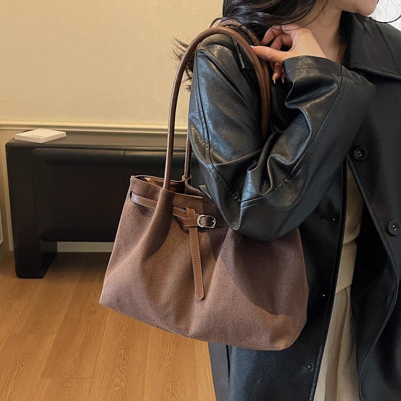 Autumn Suede Tote Bag For Women, Large Capacity Buckle Shoulder Handbag, Casual Work Commuter Purse