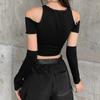 2KWEIRD Patchwork Black T-shirts Gothic Off Shoulder Sleeve Y2k Crop Tops Ruffles Hem Hip Hop Techwear Women Tees Fashion