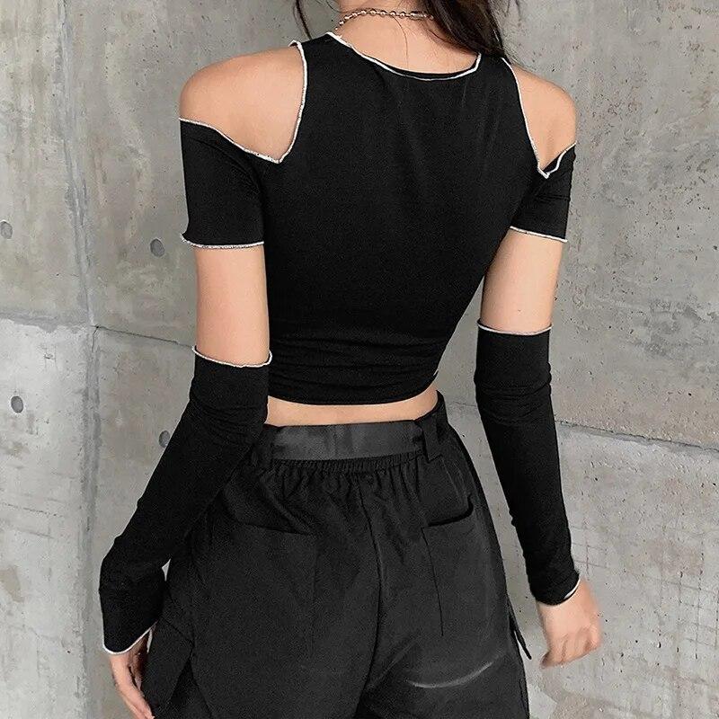 2KWEIRD Patchwork Black T-shirts Gothic Off Shoulder Sleeve Y2k Crop Tops Ruffles Hem Hip Hop Techwear Women Tees Fashion