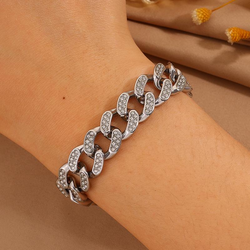 18K Gold Plated Women's Titanium Steel Cuban Chain Bracelet with Diamond Inlay - Luxurious European & American Fashion