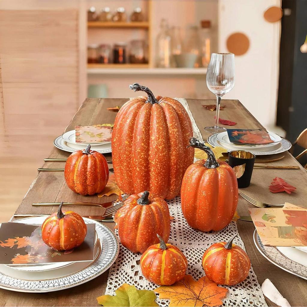 Artificial Pumpkins 7-Piece Halloween Artificial Foam Orange Pumpkins Seasonal Holiday Decorations for Fall Harvest Festival