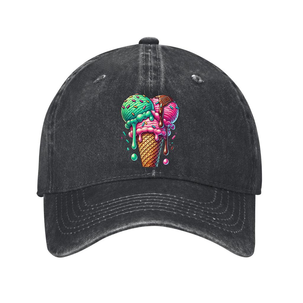 Ice Cream Cone Print Cotton Baseball Cap Adjustable Distressed Denim Casual Dad Hat for Unisex