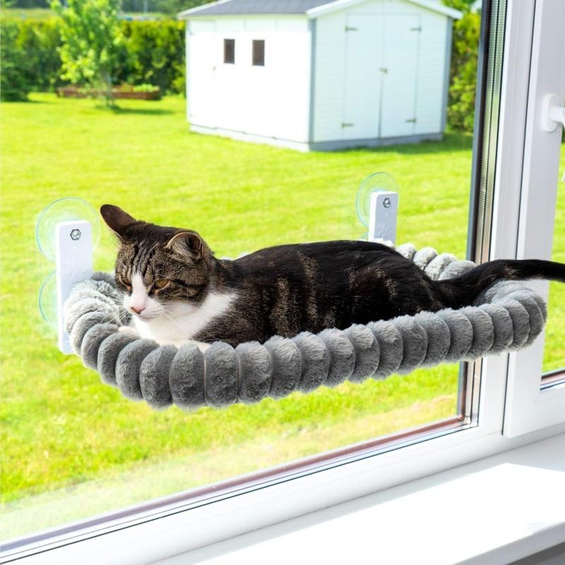

Cat Window Perch Foldable for Sunbathing - Cat Window Hammock Bed Sturdy with 4 Strong Suction Cups & Removable Reversible Cover серый