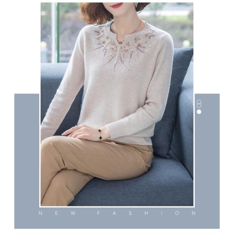 Módní svetr pro maminku z imitace vlny, volný, s výšivkou a kamínky, dámský, pro střední věk, větší velikost, podzimní zima