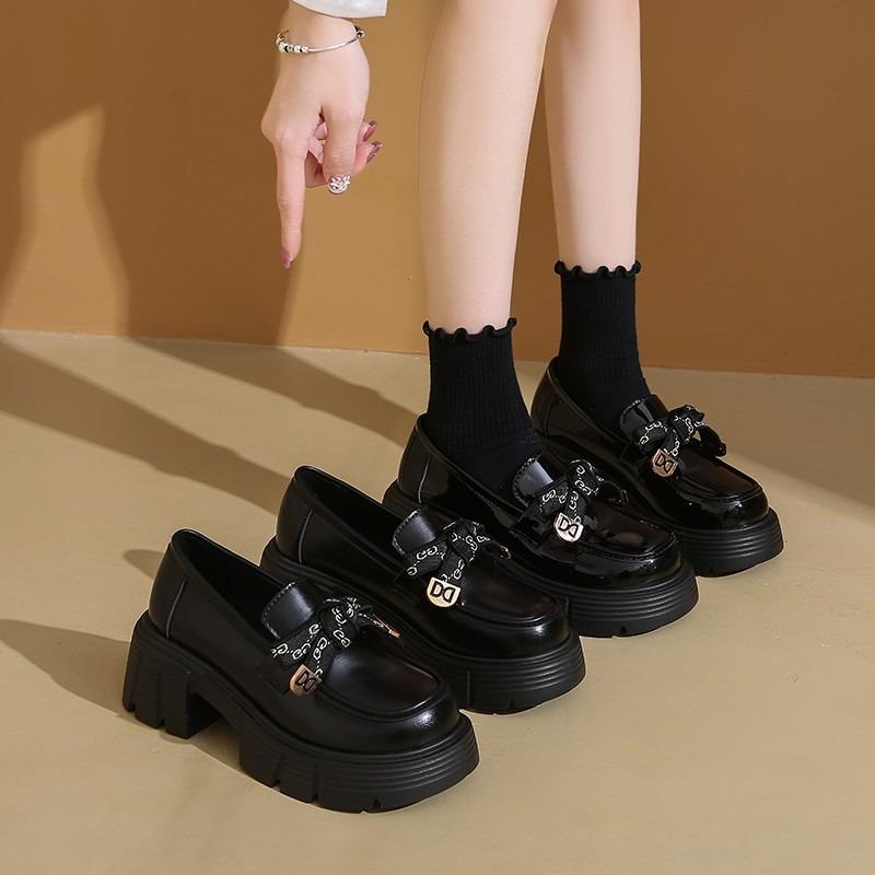 Platform Women's Black Small Leather Shoes Autumn New Fashion Bow Shoes Heightening Single Shoes