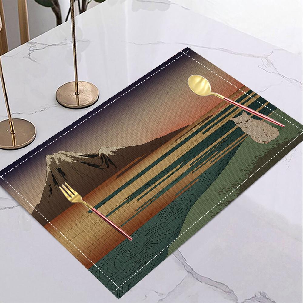 Japansk Ukiyo-e Stil Linne Dukunderlägg Halkfria Bordsunderlägg Rektangulära Halkfria Matsalsbord för Kök Heminredning Viktiga Tillbehör