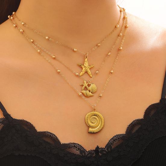 Colar Costeiro de 3 Camadas para Mulheres Pingente de Estrela do Mar Concha Tartaruga Colar de Férias de Verão Joia de Férias na Praia Presente