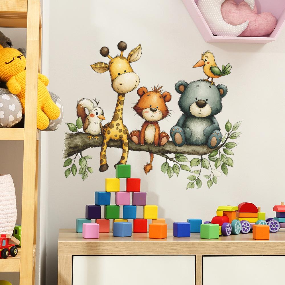 Self-adhesive Wall Stickers Cute Little Animals Sitting On Branches for Kids Room Bedroom Home Decor