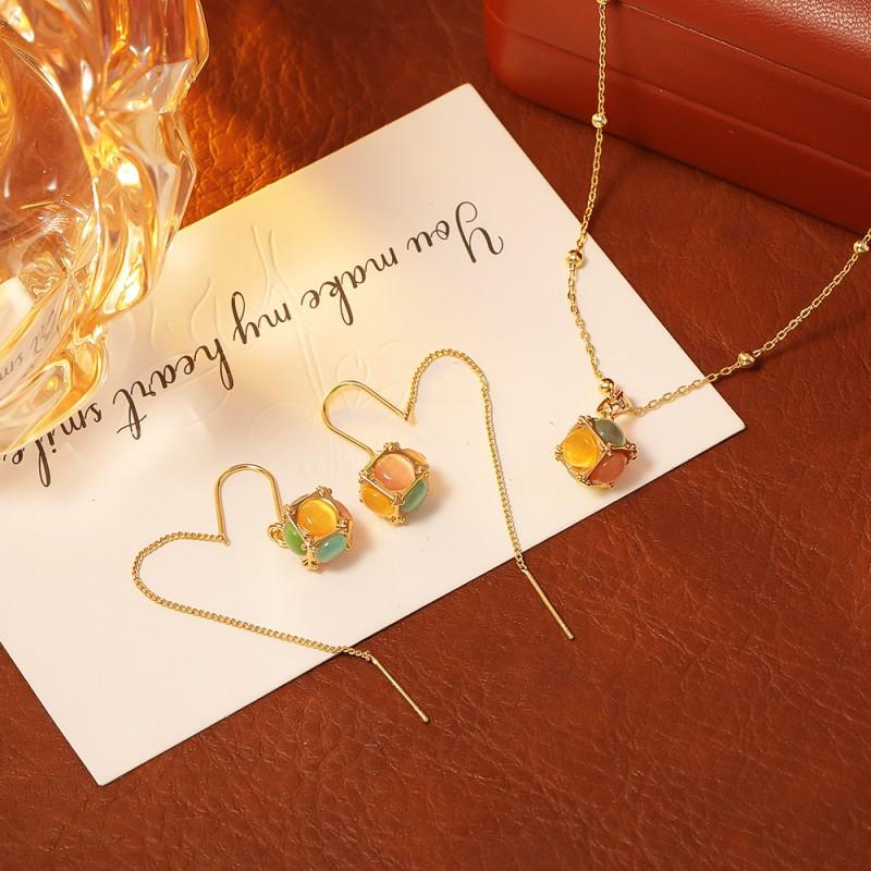 Cats Eye Stone Cube Pendant Necklace Earring Set Dopamine Chic Minimalist Geometric Jewelry Women
