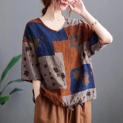 Retro Printed Linen Short-sleeved Tops Summer Thin Casual Loose-fitting Bubble Cotton and Linen Heart-neck T-shirts