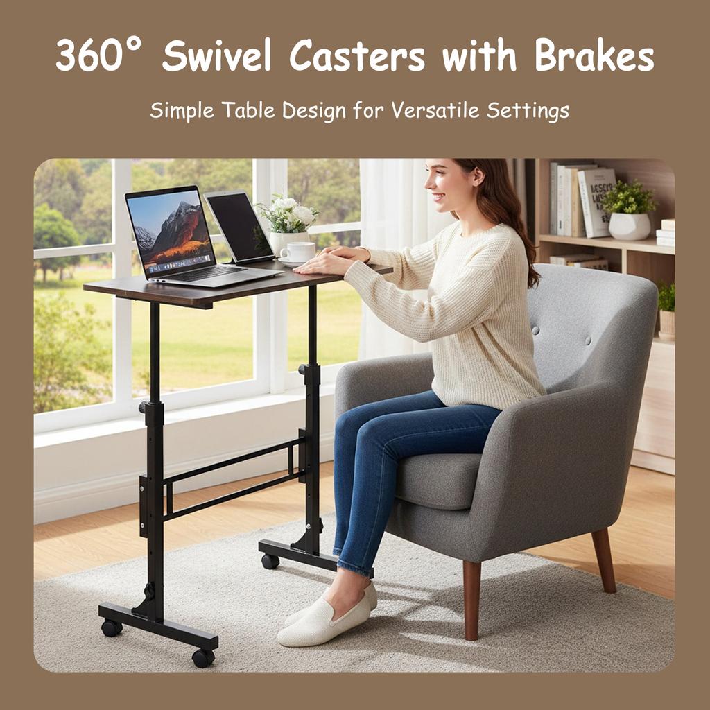 Standing Laptop Desk Mobile Stand Up Desk with 4 Fexible Wheels 70-110cm Height Adjustable Rolling Study Table for Home & Office