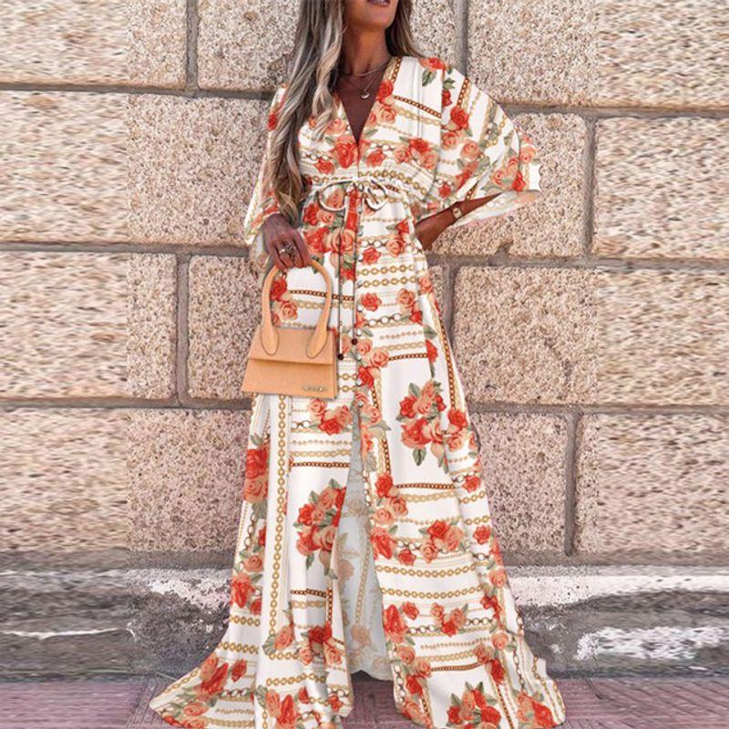 

Long Dress Women Fashion Print Deep V Boho Dresses Chiffon Maxi Dress Orange XXL