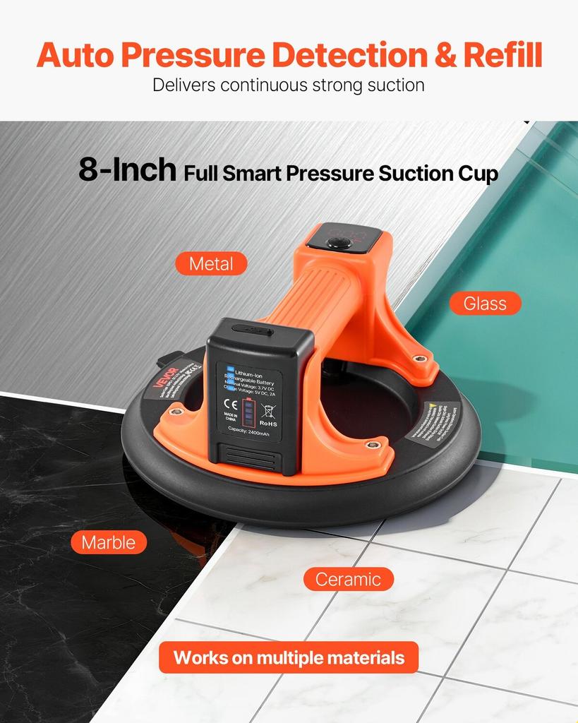 Electric Suction Cup, 203 Mm Vacuum Glass Lifter with Digital Display for Suction Power & Battery Level, 200 Kg Max Lifting Capacity Tile Suction Cup