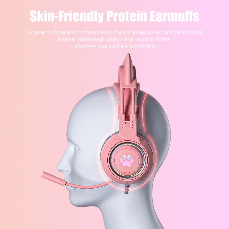 Cute Cat Ear Gaming Headphones with Mic Noise Reduced RGB Pink Girls Headset Gamer Accessories for PS4 Xbox Phone PC Kid Gift