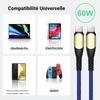 Câble USB-C vers USB-C Charge Rapide 60W pour iPhone 16 16e, iPhone 16 Plus, iPhone 15 Pro, iPhone 15 Pro Max - Nylon Tressé 1M Bleu