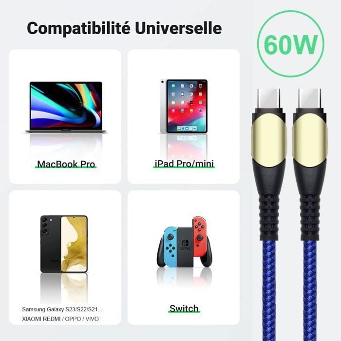 Câble USB-C vers USB-C Charge Rapide 60W pour iPhone 16 16e, iPhone 16 Plus, iPhone 15 Pro, iPhone 15 Pro Max - Nylon Tressé 1M Bleu