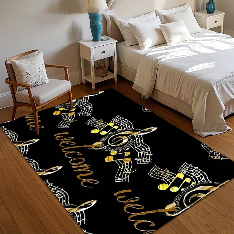 

Black Area Rug with Gold Musical Notes Treble Clef and Script Ideal for Music Lovers Living Room Bedroom and Entryway Home Decor 40X60cm