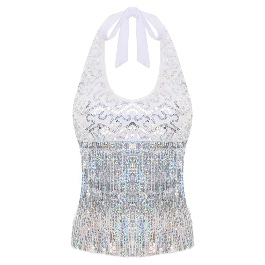 Essential Training Top for Belly Dancers: Supportive Halter Crop Top with Sequins, Lace-up Back & Tassel Details