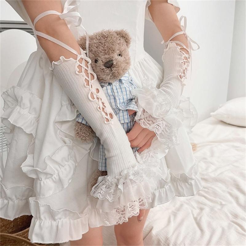 Elegant Lace Trim Flare Arm Sleeves With Ballet and Ribbon Design For Dance And Theme Event Dressingup Anime Armwear