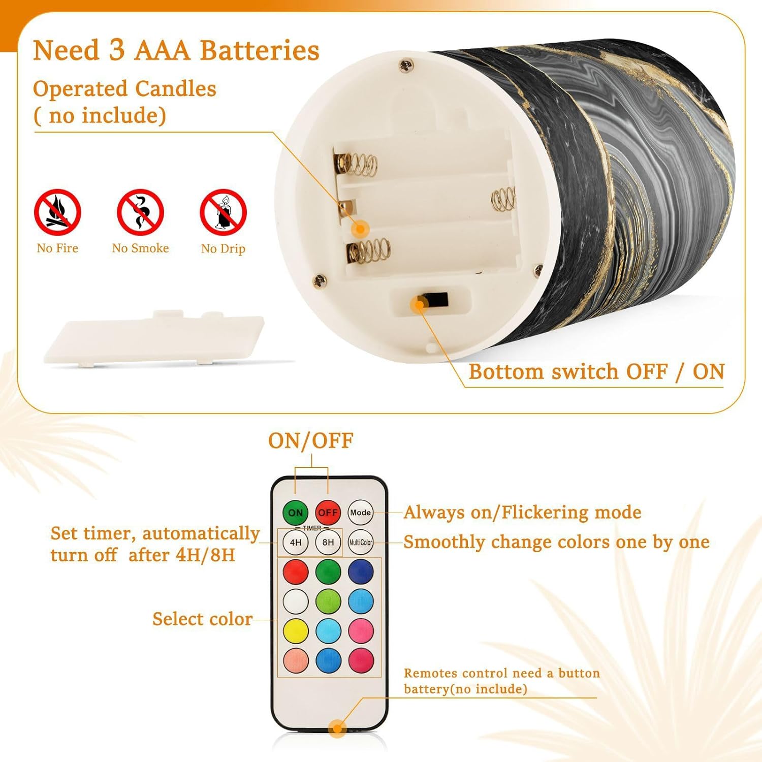 

Беспламенные свечи на батарейках Черный Золотой Мрамор Мерцающие Светодиодные Столбовые Свечи с Пультом Дистанционного Управления Меняющие Цвет Свечи Теплого Света для Свадьбы