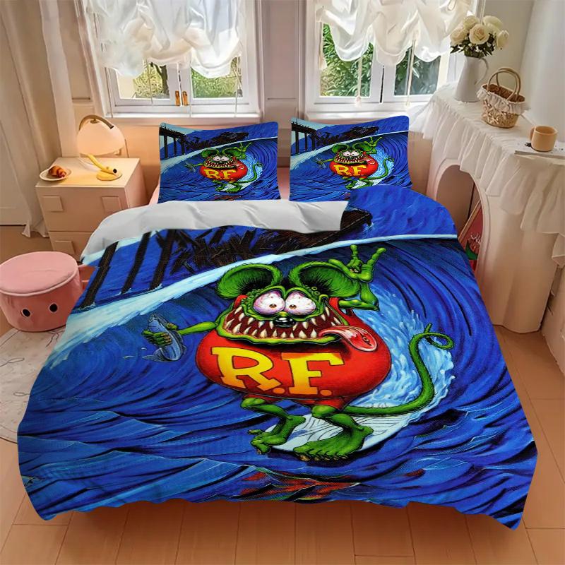 3Pcs Rat Fink Wave Bedding Set Soft Fabric Duvet Cover Pillowcases Home Christmas Xmas Halloween Gift 1 Duvet Cover 2 Pillowcase L1199