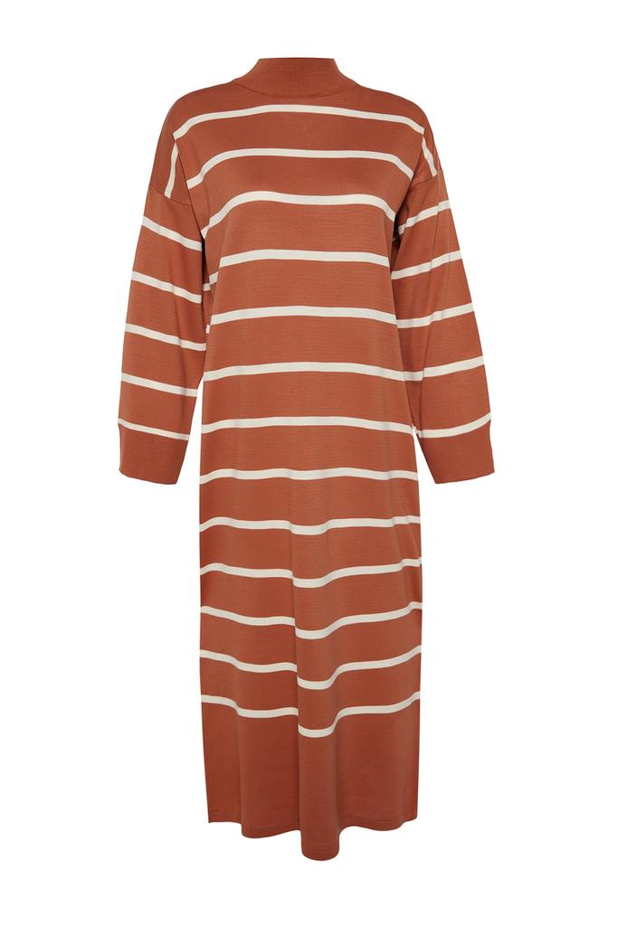 Damen Hijab Kleid Neue Saison Mode Hellbraun Gestreift Ärmel Schlitz Detailliert Strickkleid