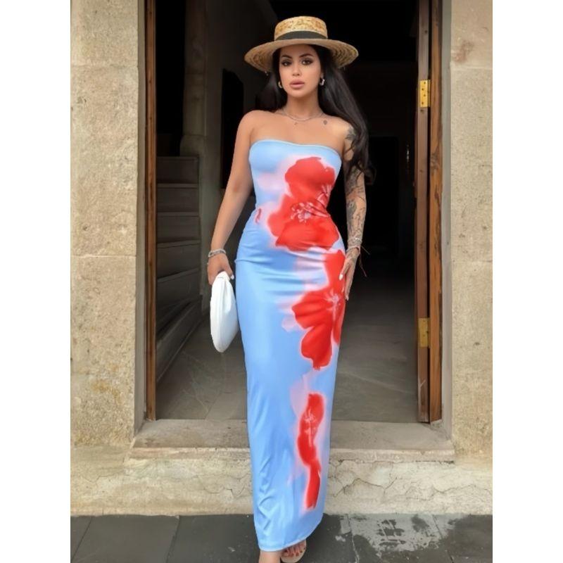 Western Style Women clothes 2024 Summer New Fashion Sexy Slim fit Print Wrap-around Split Dress