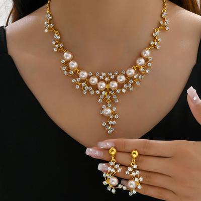 Pendientes de Flor de Perla y Pedrería Europeos y Americanos Set de Joyería Nupcial de Moda y Dulce Joyería de Gama Alta Mujer