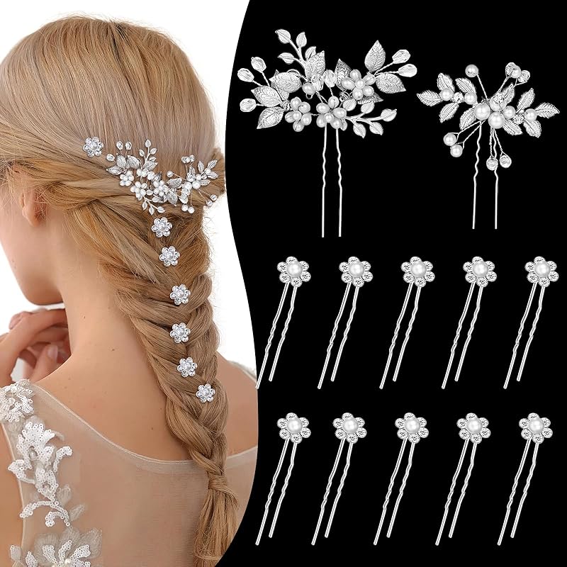 CWJCYTNSN 12 PCS Wedding Hair Pins Bride Headpiece Pearl Wedding Hair Accessories Flower Hair Styling Pins for Bridesmaids Girls Silver-01