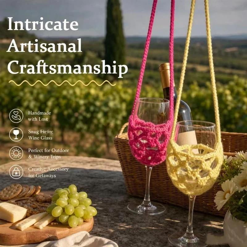 Portable Knitted Crochet Wine Glass Crossbody Holder Hollow Stylish Sleeve for Patio Gathering Cocktail Party 1Pcs