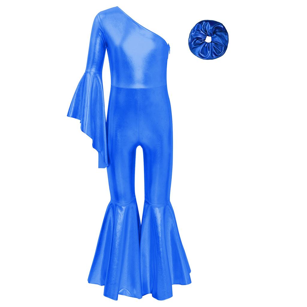 Girls Performance Jumpsuit Metallic Bell Bottom Design One Shoulder Flare Sleeve Bodysuit Hair Accessory