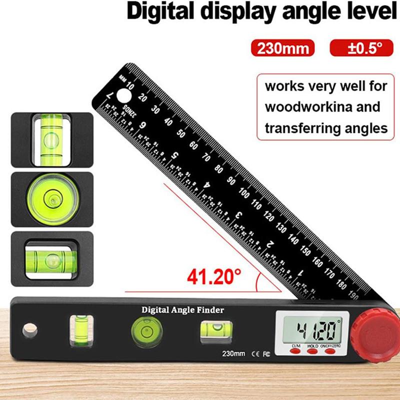 7inch 0-360 Degree 4-in-1 LED Digital Protractor with Horizontal Vertical Bubble Levels and Ruler Meter Accurate