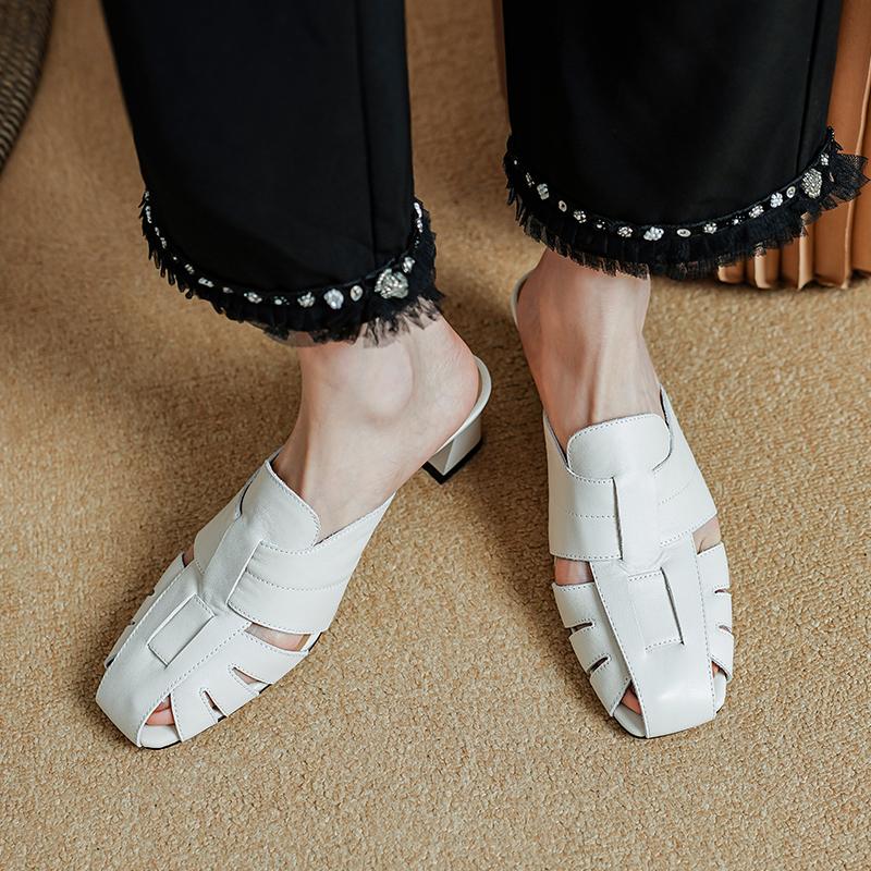 2024 Neue Elegante Damen Echtes Leder Dicke Hohe Absätze Pumps Frühling Sommer Komfort Lässige Schuhe Frau Mules Slipper Sandalen