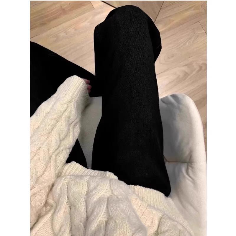 High-waisted blue velvet thickened straight jeans women's autumn m slim pear-shaped body wide-leg trousers